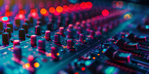 Detailed audio mixer console in a professional sound studio, with glowing LED lights and intricate...