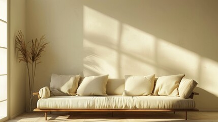 Fototapeta na wymiar Modern Sofa with Cozy Beige Pillows: Home Design Inspiration
