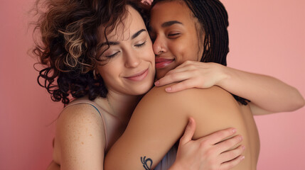 Studio portrait of a joyous lesbian couple hugging each other with genuine smiles and affection against a pink background.