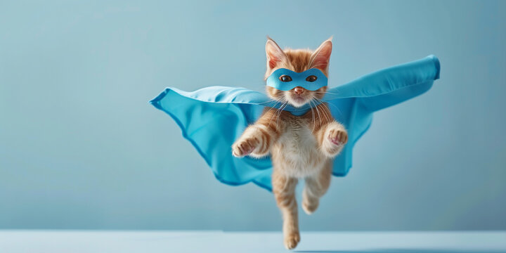 An adorable orange tabby cat dressed as a superhero with a blue cape, appearing to fly against a soft blue background.