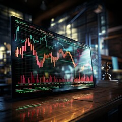 Stock market graphs on a holographic screen dynamic lines green and red