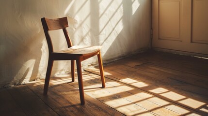 Serene sunlight in empty room with wooden chair