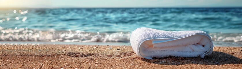 Towel on sandy beach minimalist sunbather - obrazy, fototapety, plakaty
