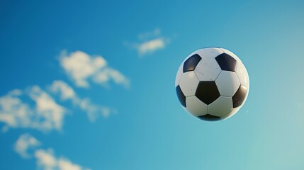 Fototapeta na wymiar Soaring soccer ball against blue sky