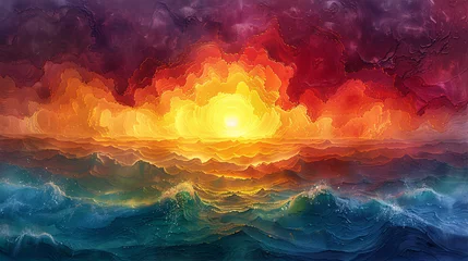 Fotobehang This image features a striking abstract representation of waves in a tumultuous ocean set against a radiant backdrop that transitions from deep purple to a bright, fiery orange, mimicking the colors o © Grumpy