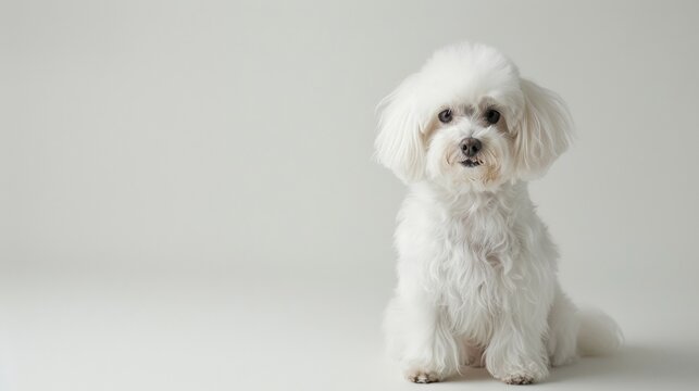 Adorable white fluffy dog posing on plain background