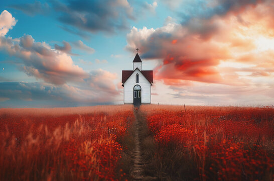 The image depicts a solitary white church standing in a field of striking red flora, under a sky brushed with the warm hues of sunset