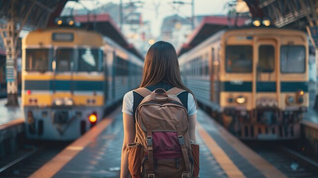 Solo Female Traveler Waiting for Train: Railroad Adventure