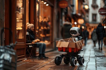 A delivery robot delights the customer: a moment of true satisfaction and quality service - obrazy, fototapety, plakaty