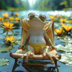 Frog resting on a chair and sunbathing