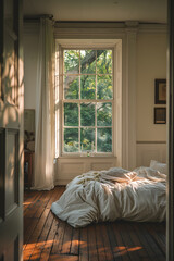 A cozy bedroom in a house featuring a comfortable bed on hardwood flooring, a window with tints and shades, and accents of wood fixtures