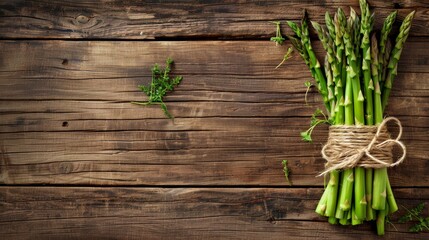 Fresh asparagus bundle on rustic wood