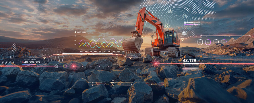 civil engineer infrastructure work or mining at a construction site, heavy machine excavator working at sunset for contractor and real estate project development with datum info banner