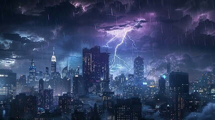 A dark and stormy night in the city. The rain is coming down hard and the lightning is flashing. The city lights are reflecting off the wet streets. - Powered by Adobe