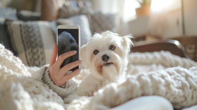 Capturing Joyful Moments: Woman Photographing Fluffy Pet Dog at Home