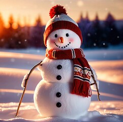 Smiling Christmas snowman wearing scarf, celebrating holiday season