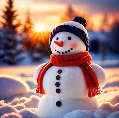 Smiling Christmas snowman wearing scarf, celebrating holiday season
