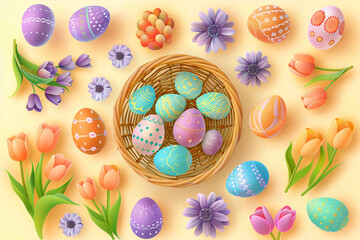 Fototapeta na wymiar Colorful eggs in basket with tulip flower and leaves for holiday. Nest full of chocolate egg and spring flowers. Springtime template for greeting card, banner, poster