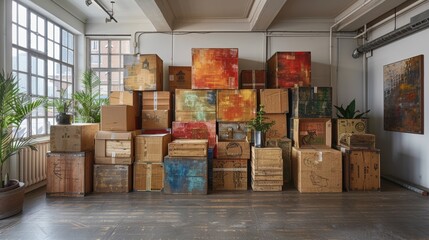 Stacked vintage wooden crates in loft interior