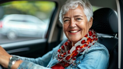 Joyful Car Ownership: Smiling Mature Woman Enjoying New Ride