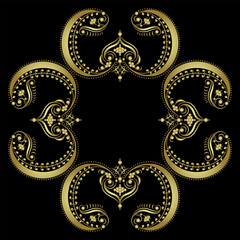Geometrical cross shape ornament or frame with vintage motifs. Golden glossy silhouette on black background.