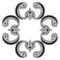 Geometrical cross shape ornament or frame with vintage motifs. Black silhouette on white background.
