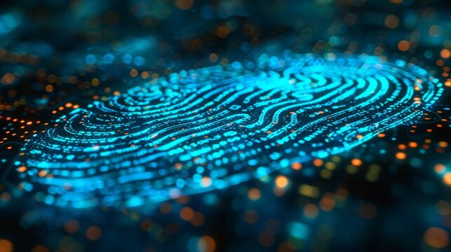 Abstract image featuring a cyber fingerprint pattern amidst glowing blue dots