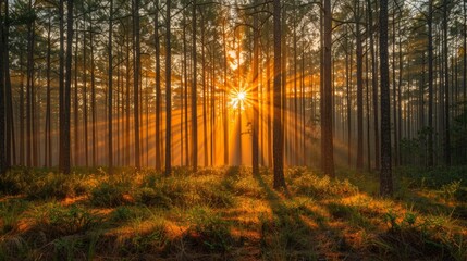 Golden sunrise through pine forest