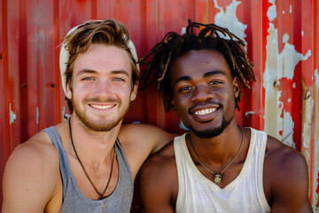 portrait of a smiling young gay couple, one guy is black the other one is white, in their twenties, outdoors, wearing tank tops, red metal background, love, happy boyfriends, complicity, dreadlocks