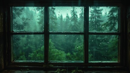 Raindrops on window with forest view at night