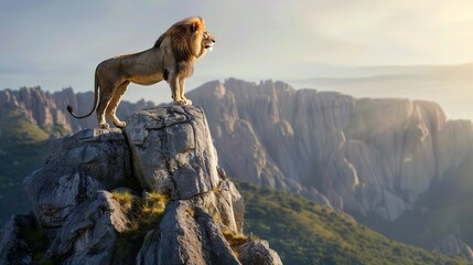 a lion standing atop a mountain peak, surveying the landscape below, symbolizing the idea of...
