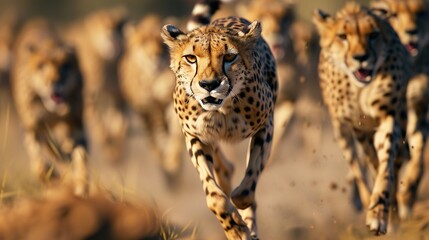 a cheetah sprinting ahead of a pack of competitors, symbolizing the concept of speed and agility as a competitive advantage in strategic marketing - obrazy, fototapety, plakaty