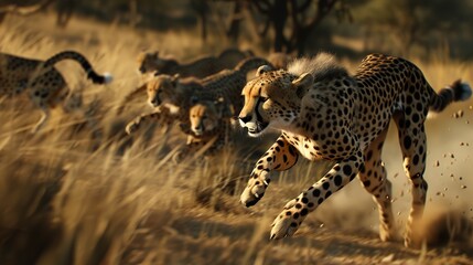 a cheetah sprinting ahead of a pack of competitors, symbolizing the concept of speed and agility as a competitive advantage in strategic marketing - obrazy, fototapety, plakaty