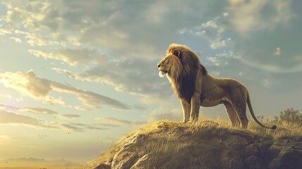 a lion standing confidently atop a hill, overlooking a vast savanna, symbolizing the concept of strength, leadership, and dominance as essential elements of strategic marketing advantage - obrazy, fototapety, plakaty