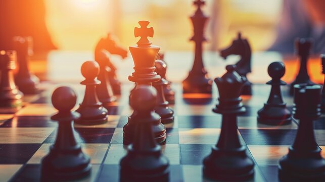 a chessboard with one player's pieces strategically positioned to dominate the board, symbolizing the concept of strategic positioning and outmaneuvering competitors in marketing strategy