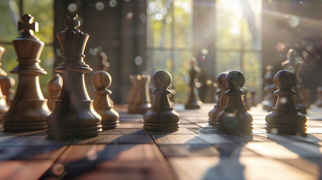 a chessboard with one player's pieces strategically positioned to dominate the board, symbolizing the concept of strategic positioning and outmaneuvering competitors in marketing strategy
