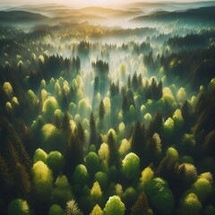 Aerial view flying vertically over lush green treetops in the forest during spring. - obrazy, fototapety, plakaty