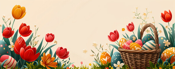 Fototapeta premium Colorful eggs in basket with tulip flower and leaves for holiday. Nest full of chocolate egg and spring flowers. Springtime template for greeting card, banner, poster