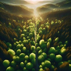 Aerial view flying vertically over lush green treetops in the forest during spring. - obrazy, fototapety, plakaty