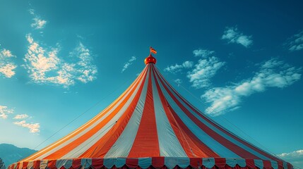 Vibrant circus tent against a blue sky