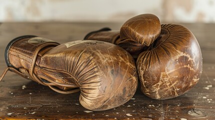 Vintage boxing gloves on wooden surface