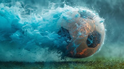 Obraz na płótnie Canvas Dynamic soccer ball with water and fire elements