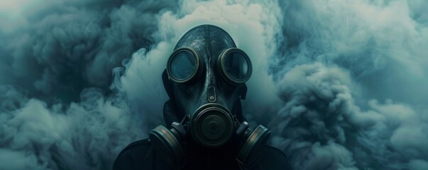 Mysterious person in gas mask amidst fog - obrazy, fototapety, plakaty