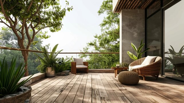 Cozy Wooden Terrace Balcony with Rattan Easy Chair