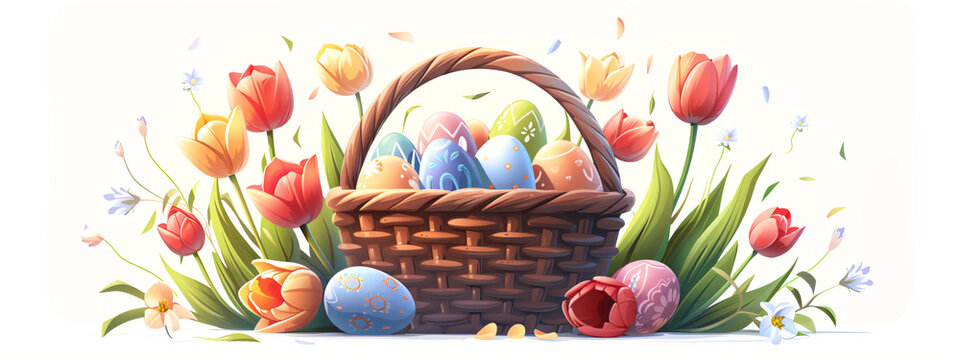 Colorful eggs in basket with tulip flower and leaves for holiday. Nest full of chocolate egg and spring flowers. Springtime template for greeting card, banner, poster