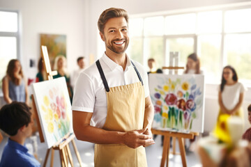 Male art instructor, teacher leading a painting class. Students, canvases, vibrant energy of the workshop in a sunlit art studio. Concept of the enriching experience of shared artistic learning