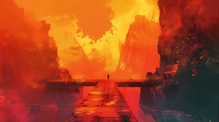 Foto op Canvas Lonely figure standing on a bridge in a surreal, post-apocalyptic landscape. The sky is a fiery orange and the ground is cracked and barren. © Marina