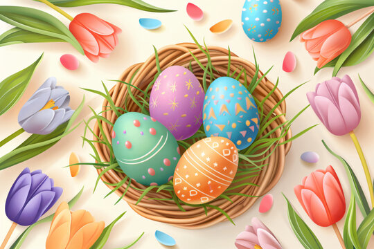 Colorful eggs in basket with tulip flower and leaves for holiday. Nest full of chocolate egg and spring flowers. Springtime template for greeting card, banner, poster