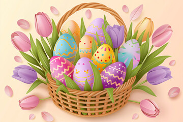 Colorful eggs in basket with tulip flower and leaves for holiday. Nest full of chocolate egg and spring flowers. Springtime template for greeting card, banner, poster
