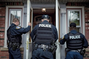 Police officers knocking at a front door of a house - obrazy, fototapety, plakaty